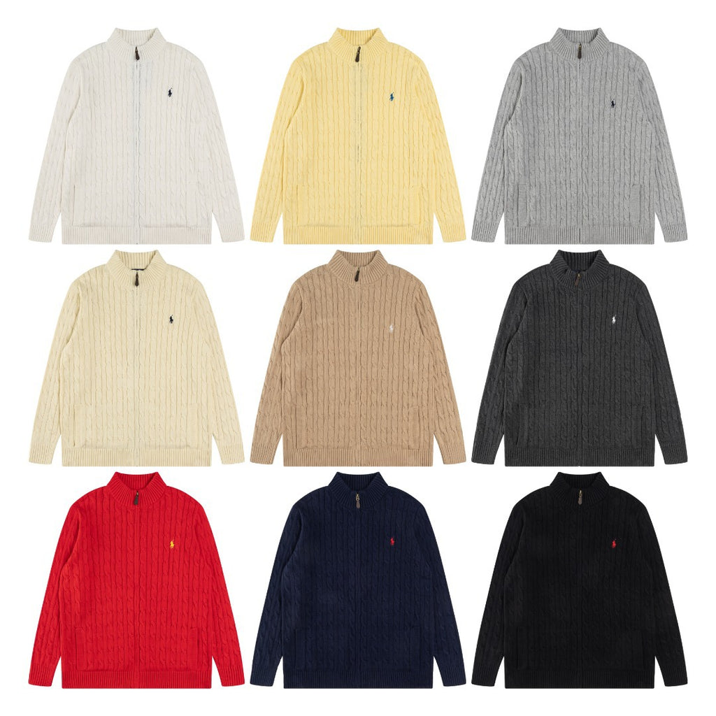 Classic Small-label Embroidery Logo Full Zipper Knitted Rope Cardigan Sweater Top Shipping