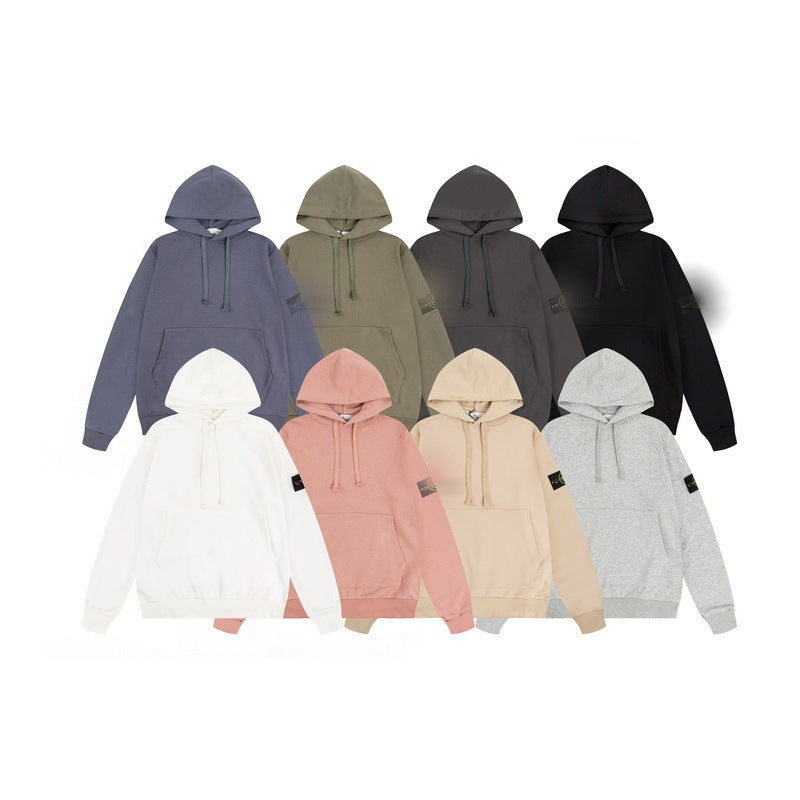 Terry Fleece-lined Hooded Sweater Pullover Solid Color Badge