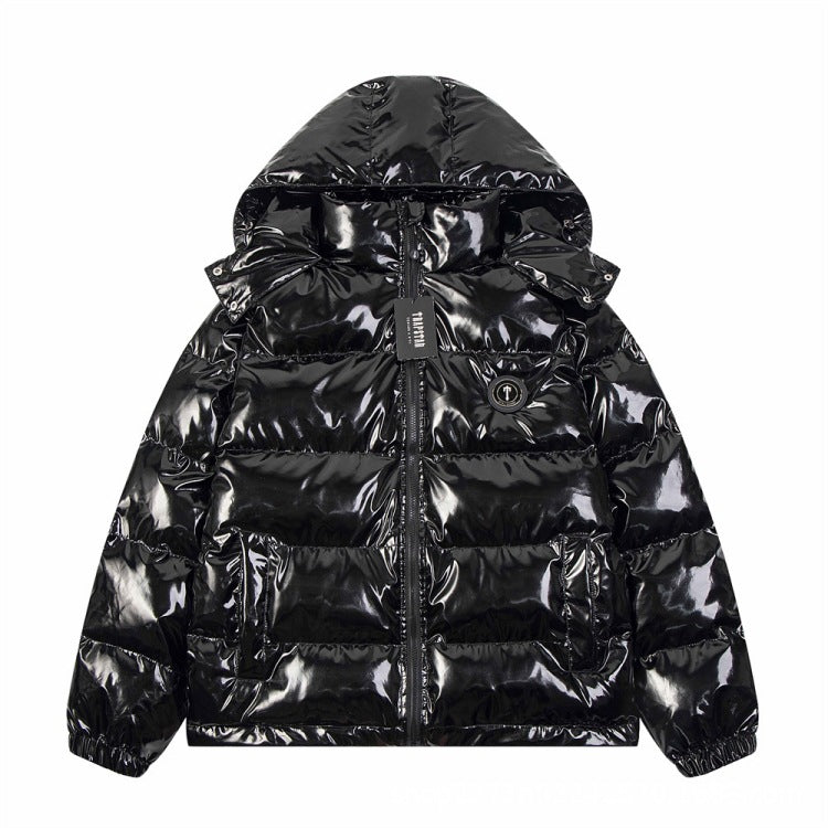 New PU Leather Black Bright Padded Cotton-padded Jacket Hat Detachable Jacket Couple Coat