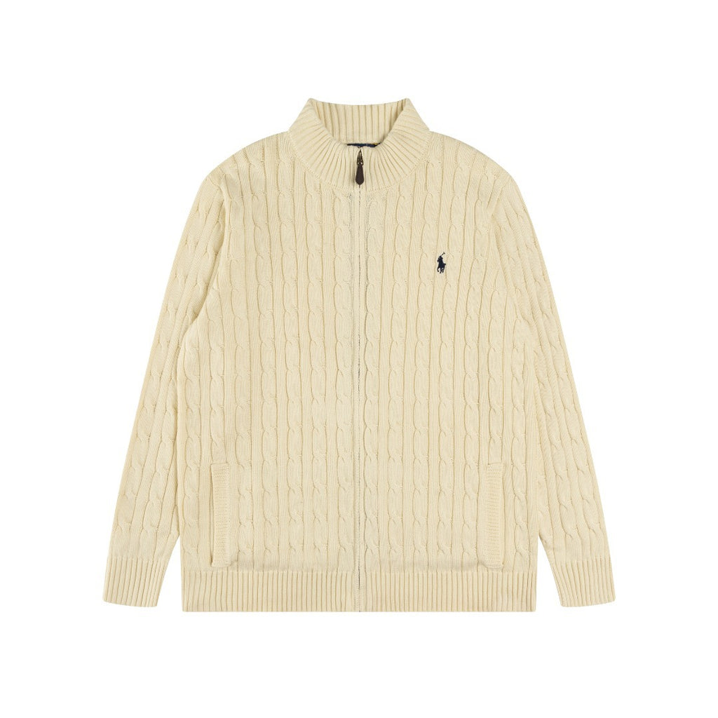 Classic Small-label Embroidery Logo Full Zipper Knitted Rope Cardigan Sweater Top Shipping