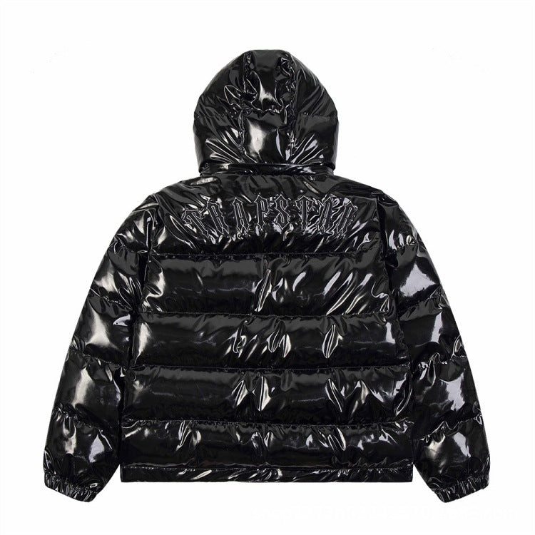 New PU Leather Black Bright Padded Cotton-padded Jacket Hat Detachable Jacket Couple Coat