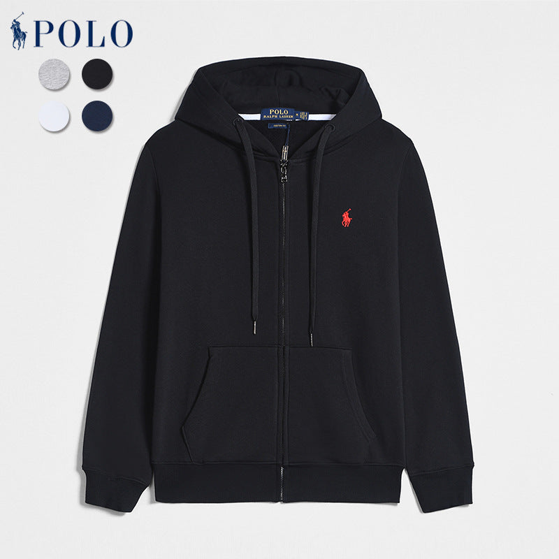 Spring And Autumn Paul Long-sleeved Sweatshirt Men&#039;s Casual Pure Cotton Pure Color Embroidered Pony Logo Zipper Pullover Cardigan Sweatshirt