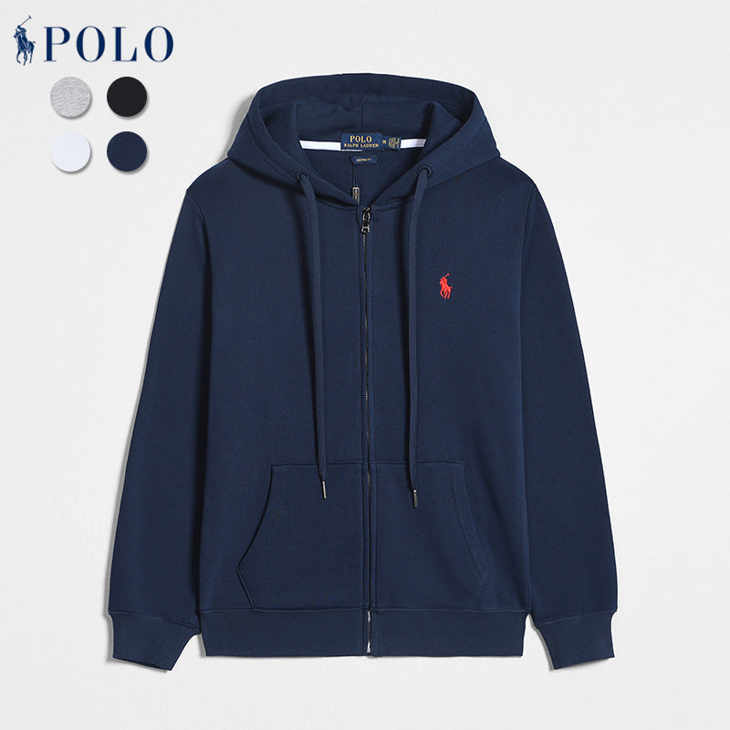 Spring And Autumn Paul Long-sleeved Sweatshirt Men&#039;s Casual Pure Cotton Pure Color Embroidered Pony Logo Zipper Pullover Cardigan Sweatshirt