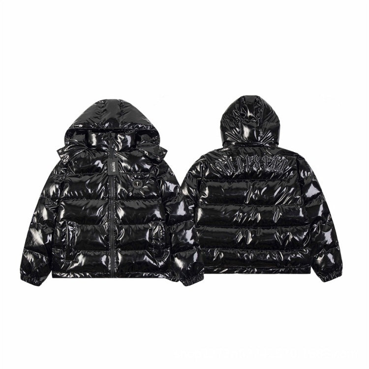 New PU Leather Black Bright Padded Cotton-padded Jacket Hat Detachable Jacket Couple Coat