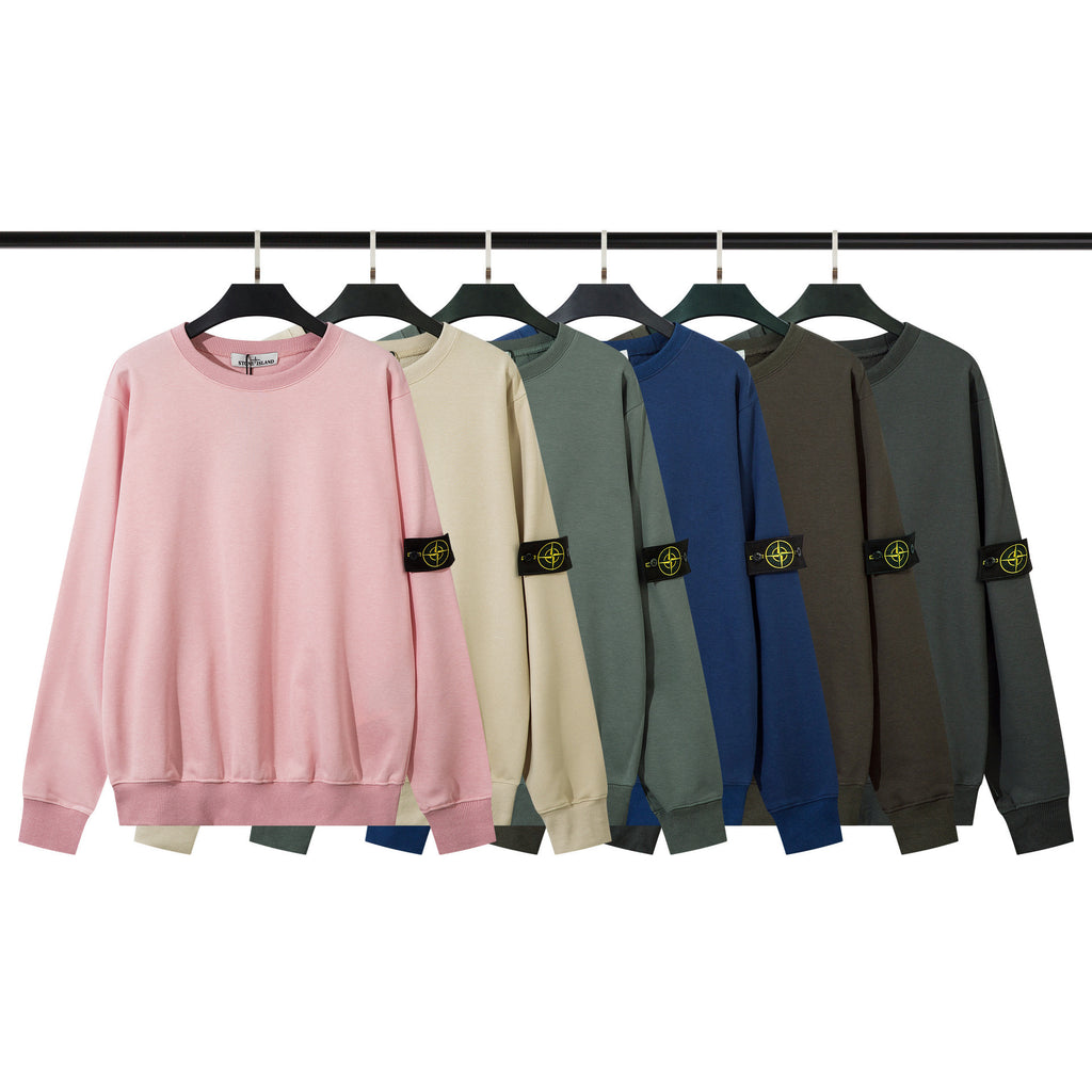 Style Washed Long-Sleeved T-Shirt Round Neck Pullover Casual Loose Sweatshirt For Men And Women Couple Badge Island