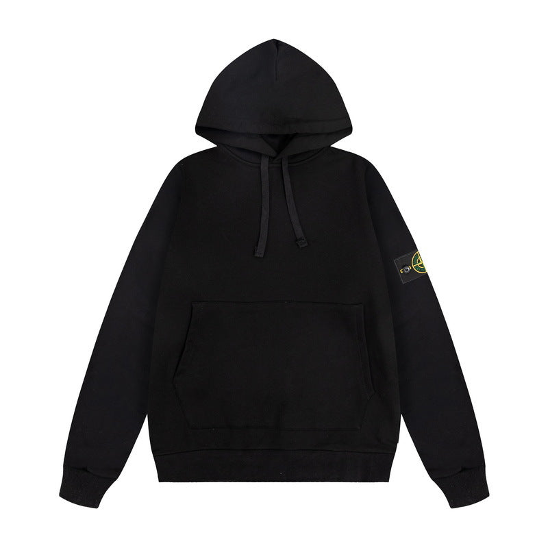 Terry Fleece-lined Hooded Sweater Pullover Solid Color Badge